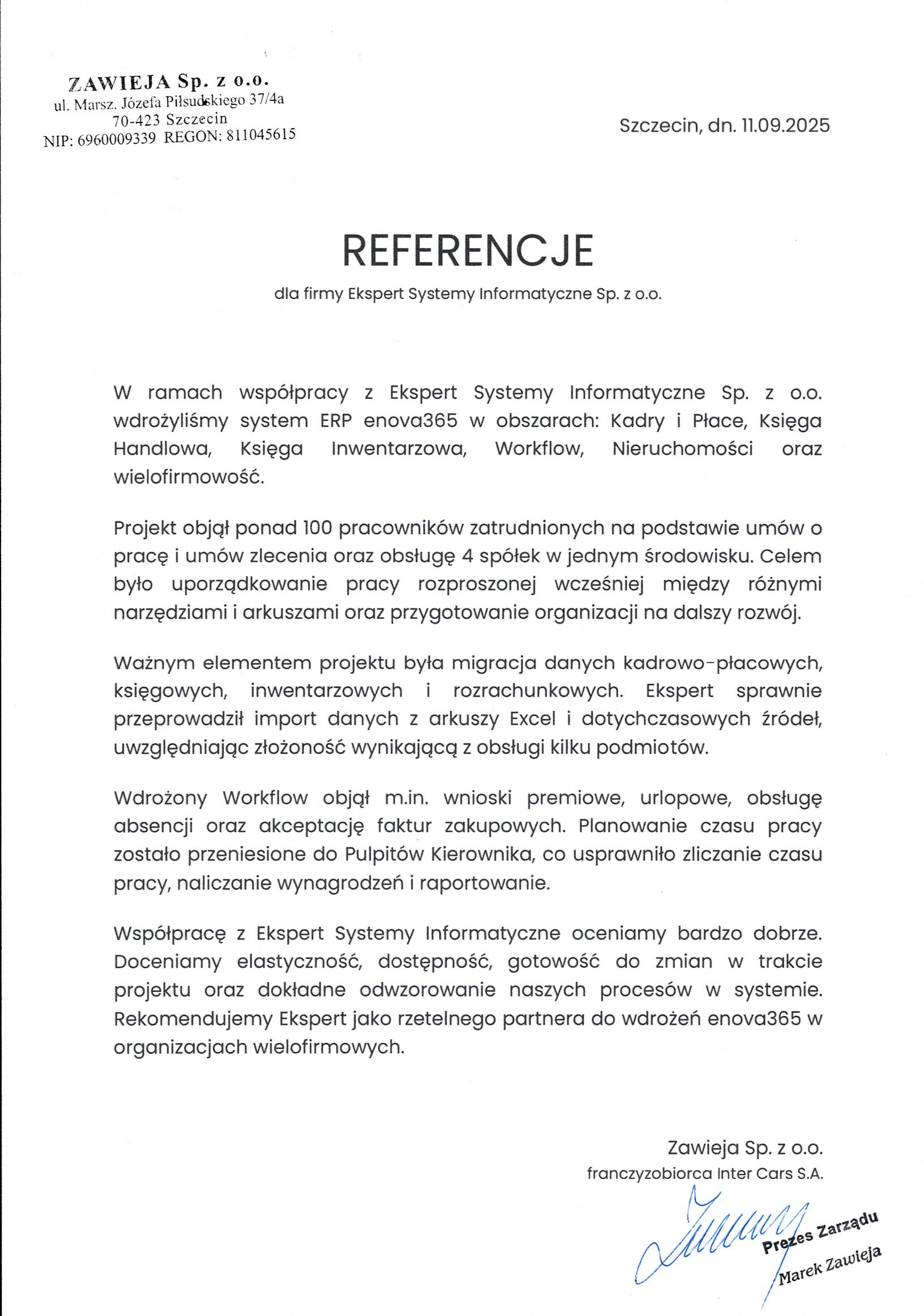 Referencje Zawieja Sp. z o.o.